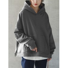 Women Solid Side Zipper Hooded Sweatshirt with Pocket