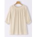 Solid Shirred Half Sleeve Crew Neck Loose Blouse