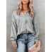 Solid Satin Long Sleeve Tie Front V  neck Blouse