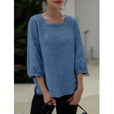 Solid Slit Hem Square Collar 3 4 Sleeve Blouse