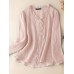 Solid Ruffle Trim V  neck Button Front Long Sleeve Blouse