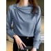 Women Solid Satin Fold Pleated Long Sleeve Blouse