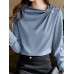 Women Solid Satin Fold Pleated Long Sleeve Blouse