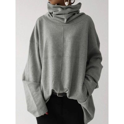 Women Turtleneck Stitching Design Wide Sleeves Solid Loose Pullover Sweatshirt