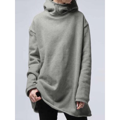 Hooded Casual Loose Long Turn  Down  Collar Solid Color Sweatshirts for Women