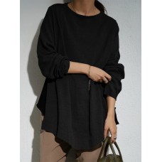 Women Side Split Solid O  Neck Retro Long Sleeve Pullover Sweatshirt