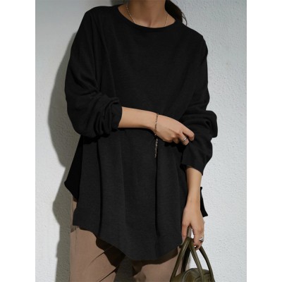 Women Side Split Solid O  Neck Retro Long Sleeve Pullover Sweatshirt