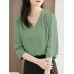 Solid V  neck 3 4 Sleeve Blouse For Women