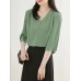 Solid V  neck 3 4 Sleeve Blouse For Women