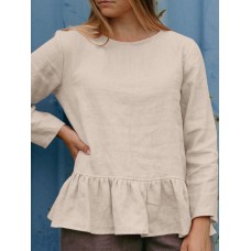 Solid Ruffle Hem Long Sleeve Crew Neck Blouse