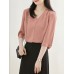 Solid V  neck 3 4 Sleeve Blouse For Women