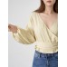 Solid Tie Drop Shoulder Wrap V  neck Long Sleeve Blouse