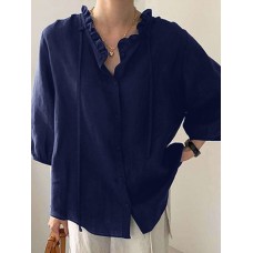 Solid Ruffle Trim V  neck Tie Lantern Sleeve Blouse