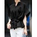 Solid Drawstring Button Short Sleeve Casual Shirt