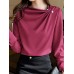 Women Solid Satin Fold Pleated Long Sleeve Blouse