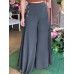 Women Solid Color Side Button Elastic Waist Loose Casual Wide Leg Pants With Pocket