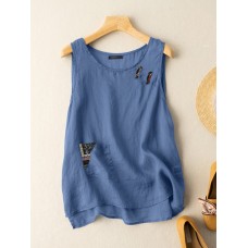 Crew Neck Frog Button Pocket Sleeveless Tank Top