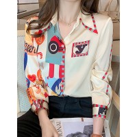 Women Print Lapel Long Sleeve Button Front Shirt