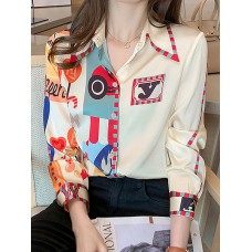 Women Print Lapel Long Sleeve Button Front Shirt