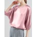 Solid Loose Dolman Sleeve Satin Crew Neck Women Blouse