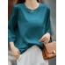 Solid Satin 3 4 Sleeve Crew Neck Casual Blouse