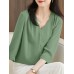 Solid V  neck 3 4 Sleeve Blouse For Women