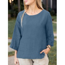 Solid Slit Hem Crew Neck Casual Blouse