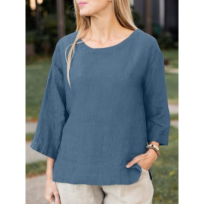 Solid Slit Hem Crew Neck Casual Blouse