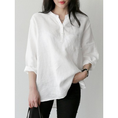 Solid Notch Neck Pocket Long Sleeve Casual Blouse